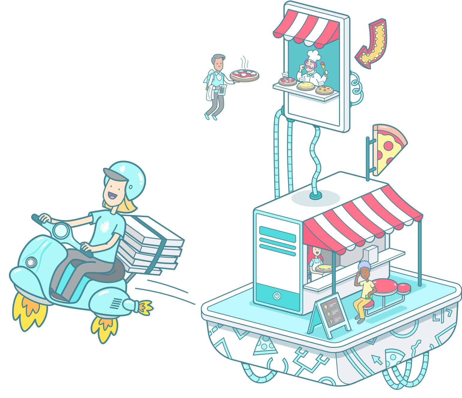 Illustrated sales process for a pizza delivery service